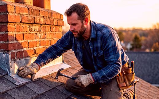 Flashing tied in at sundown on a Union chimney